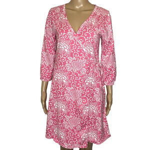 Women's Small Garnet Hill Green Cotton Pink Wrap Front 3/4 Sleeve Dress